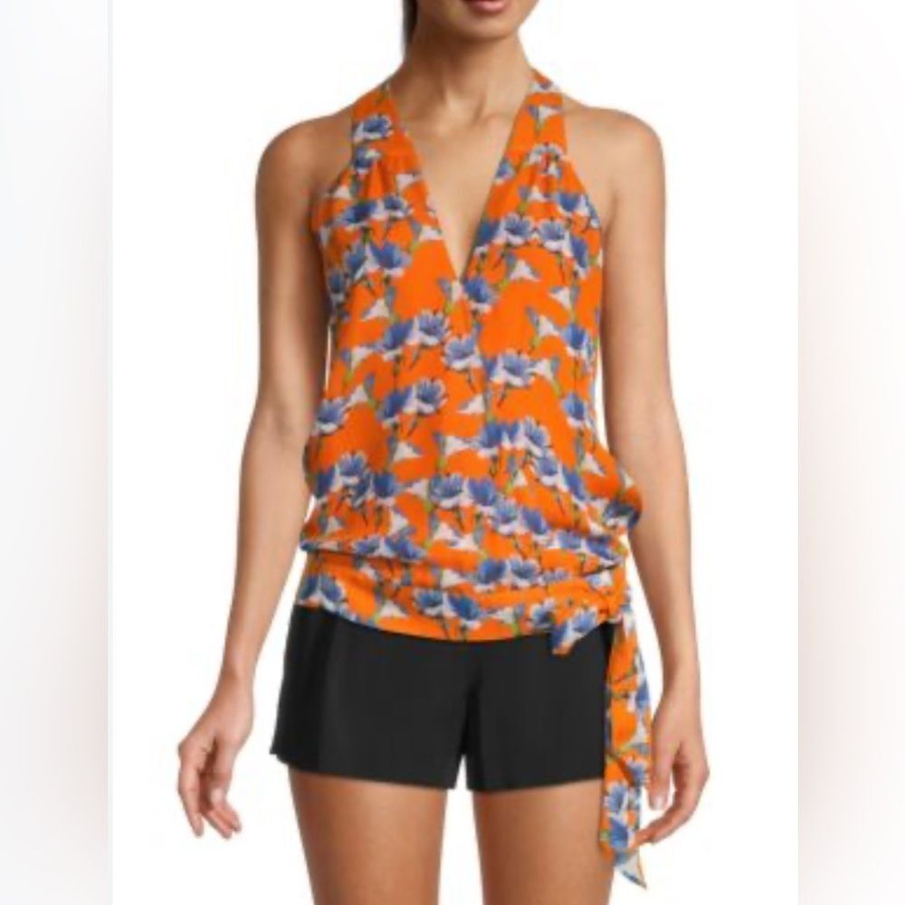 NWOT PARKER Kenna Floral Wrap Top Silk Orange Blue Sleeveless Size S